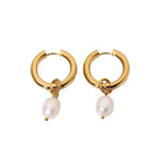 Classic 18K Gold Plated Natural Pearl Drop Earrings Waterproof Stainless Steel Pearl Huggie Earrings