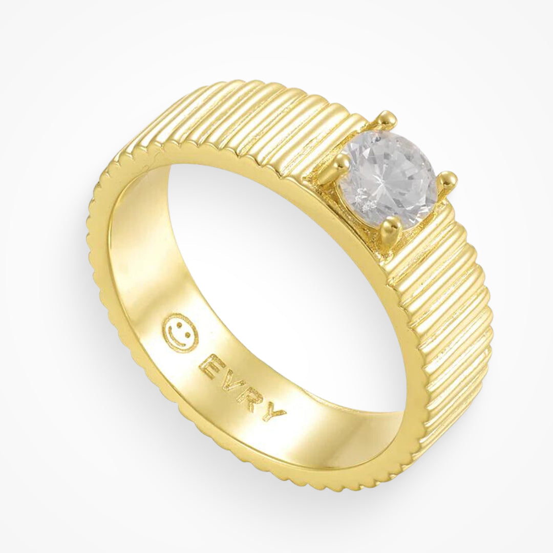 Gold ring with a diamond on a white background